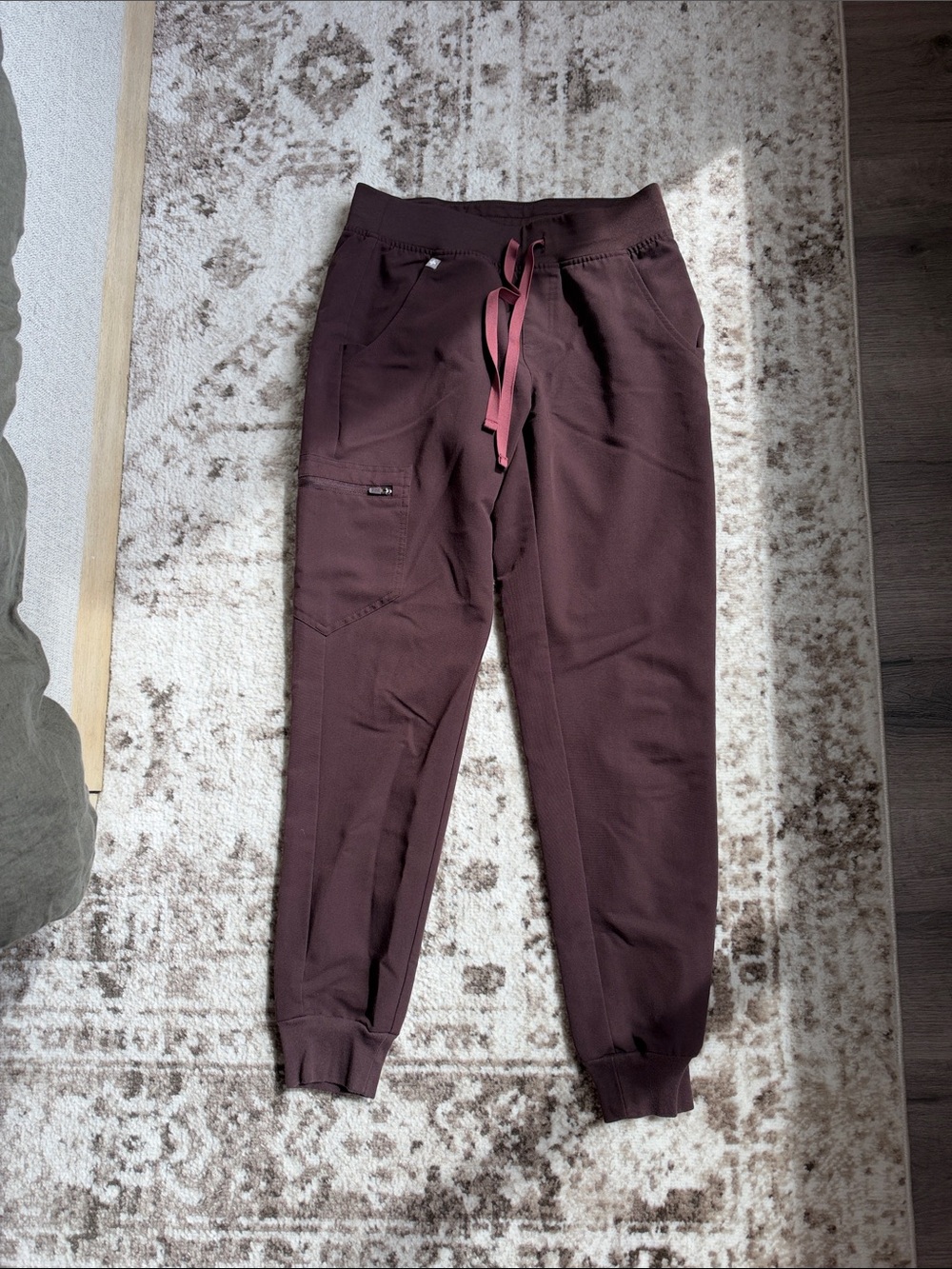 FIGS Women's Jogger Pants in Espresso with Pink Drawstring